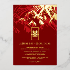 Burgundy & Red Zen Bamboo vertrekt Chinees huwelij Folie Uitnodiging
