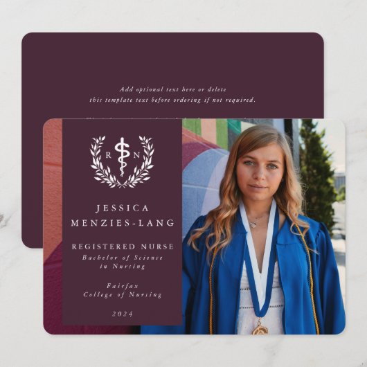Burgundy Registered Nurse Asclepius Afstudeerder F Aankondiging (Voorkant / Achterkant)