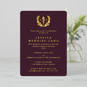 Burgundy Registered Nurse Asclepius+Laurel Wreath Folie Uitnodiging
