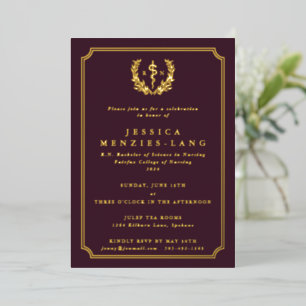 Burgundy Registered Nurse Asclepius+Laurel Wreath Folie Uitnodiging