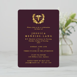 Burgundy Registered Nurse Caduceus+Laurel Wreath Folie Uitnodiging