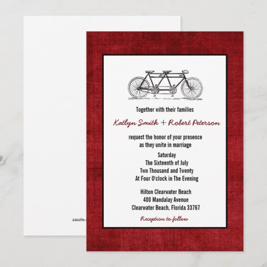 Burgundy Retro Tandem Bicycle Wedding Kaart (Voorkant / Achterkant)