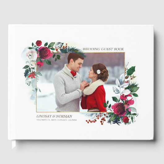 Burgundy Rode Bloem | Foto Bruiloft Gastenboek (Voorkant)