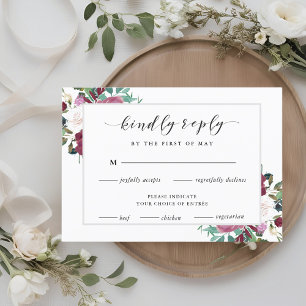 Burgundy Rode Bloemen Huwelijks RSVP Maaltijdkeuze Kaartje