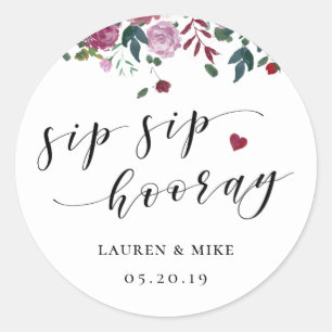 Burgundy Rode Bloemen Sip Sip Hooray Trouwgunst Ronde Sticker