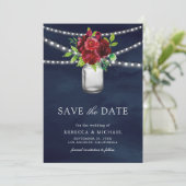 Burgundy Rode Bloemend Navy QR Code Trouwfoto Save The Date (Staand voorkant)