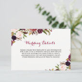 Burgundy Rode Bloemige Herfst Bruiloftsreceptie De Informatiekaartje (Staand voorkant)