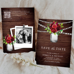 Burgundy Rode Bloemige Houten QR Code Trouwfoto Save The Date
