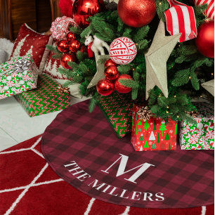 Burgundy Rode Buffalo Plaid Familie Monogram Kerstboom Rok