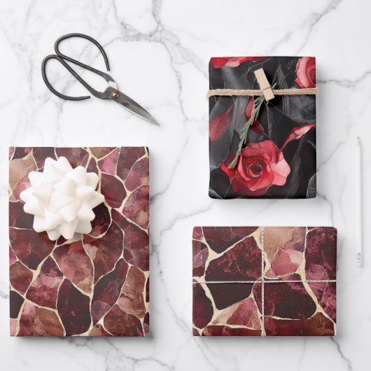 Burgundy Rode Chic Abstracte Bruiloftsdouche Inpakpapier Vel (Voorkant)