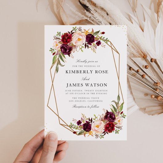 Burgundy rode florale geometrische bruiloft kaart