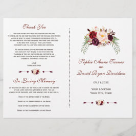Burgundy Rode Marsala Bloemen Bruiloftsprogramma Flyer