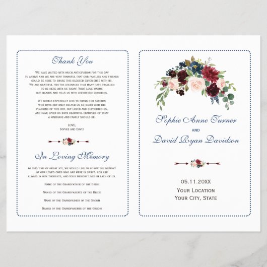 Burgundy Rode Marsala Bloemen Bruiloftsprogramma Flyer (Voorkant)