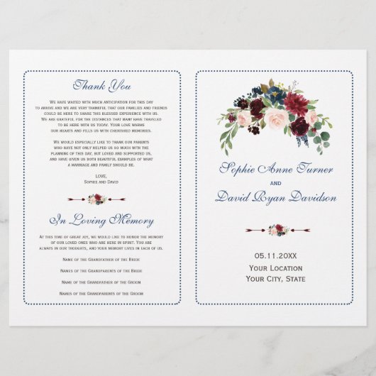 Burgundy Rode Marsala Bloemen Bruiloftsprogramma Flyer (Voorkant)