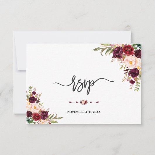 Burgundy Rode Marsala Bloemrijke Hand Lettering RS RSVP Kaartje (Voorkant)