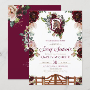 Burgundy Rode Rosen Paard Crest Sweet 16 Verjaarda Kaart