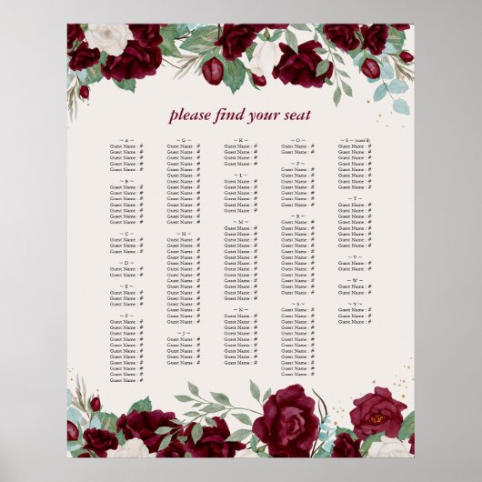 Burgundy Rode Rozen Alfabetische Zitplaatskaart Poster (Voorkant)