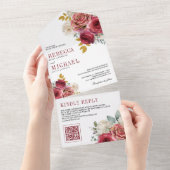 Burgundy Rode Rozen Bloem QR Code Bruiloft All In One Uitnodiging (Afscheurbaar)