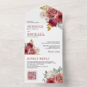 Burgundy Rode Rozen Bloem QR Code Bruiloft All In One Uitnodiging (Binnen)