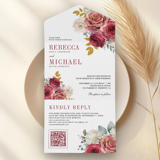 Burgundy Rode Rozen Bloem QR Code Bruiloft All In One Uitnodiging