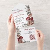 Burgundy Rode Rozen Bloem QR Code Bruiloft All In One Uitnodiging (Afscheurbaar)