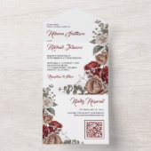 Burgundy Rode Rozen Bloem QR Code Bruiloft All In One Uitnodiging (Binnen)