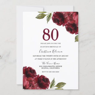 Burgundy Rode Rozen Vrouw 80ste Verjaardagsfeest Kaart