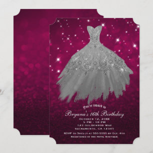 Burgundy Rode & Zilveren Glitter Jurk Sweet 16 Fee Kaart