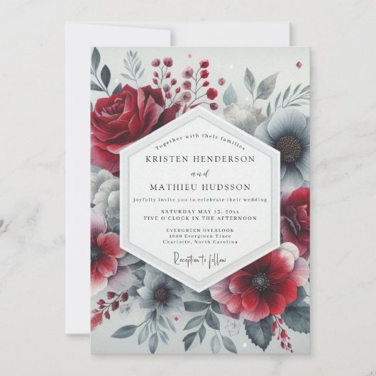 Burgundy Romantic Bloom Wedding Kaart (Voorkant)