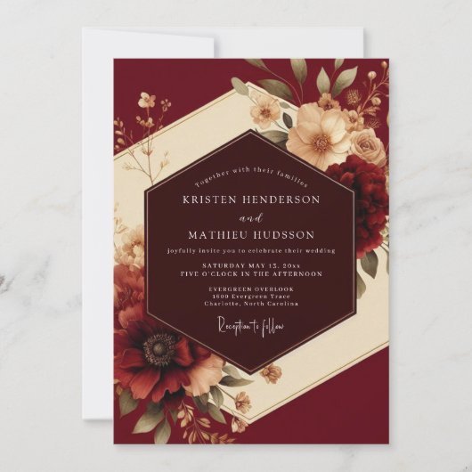 Burgundy Romantic Flora Wedding Kaart (Voorkant)