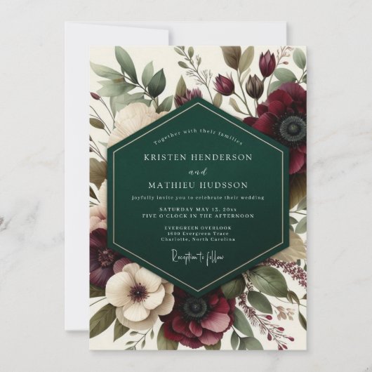 Burgundy Romantic Floral Romance Wedding Kaart (Voorkant)