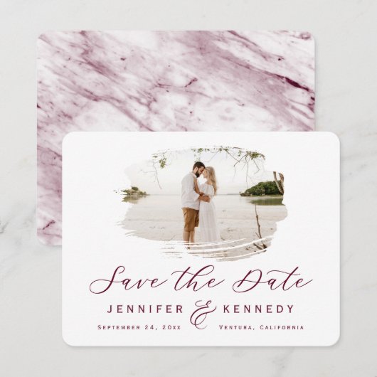 Burgundy Romantic geborsteld Lijst met foto Save The Date (Voorkant / Achterkant)