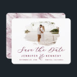 Burgundy Romantic geborsteld Lijst met foto Save The Date<br><div class="desc">Burgundy Romantic geborsteld Lijst met Foto Chic sparen de kaarten van de Datum. Met luxe marmer texture back,  elegant calligraphy Script font plus slim line serif! Bewerk vandaag nog uw exemplaar met uw namen,  datum en foto! ~ Bekijk mijn winkel voor dit ontwerp de volledige trouwsuite!</div>