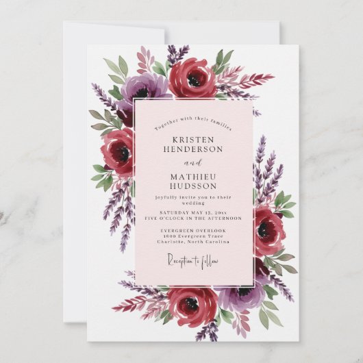 Burgundy Romantic Meadow Wedding Kaart (Voorkant)