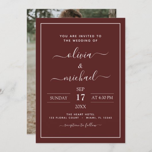 Burgundy Romantic Weddenschap met fotouitnodiging Kaart (Voorkant / Achterkant)