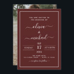 Burgundy Romantic Weddenschap met fotouitnodiging Kaart<br><div class="desc">Burgundy Romantic Wedding Spring of Summer Photo on Back Wedding Invitations - bevat prachtige en elegante scripttypografie met een moderne,  eenvoudige en klassieke kleur voor de speciale dag van de bruiloft.</div>