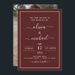 Burgundy Romantic Weddenschap met fotouitnodiging Kaart<br><div class="desc">Burgundy Romantic Wedding Spring of Summer Photo on Back Wedding Invitations - bevat prachtige en elegante scripttypografie met een moderne,  eenvoudige en klassieke kleur voor de speciale dag van de bruiloft.</div>