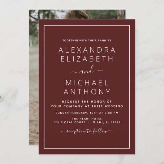 Burgundy Romantic Weddenschap met fotouitnodiging Kaart (Voorkant / Achterkant)
