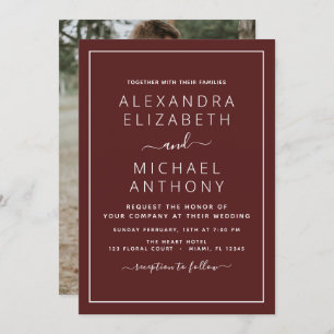Burgundy Romantic Weddenschap met fotouitnodiging Kaart