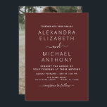 Burgundy Romantic Weddenschap met fotouitnodiging Kaart<br><div class="desc">Burgundy Romantic Wedding Spring of Summer Photo on Back Wedding Invitations - bevat prachtige en elegante scripttypografie met een moderne,  eenvoudige en klassieke kleur voor de speciale dag van de bruiloft.</div>