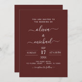 Burgundy Romantic Wedding Modern Typografie Kaart (Voorkant / Achterkant)