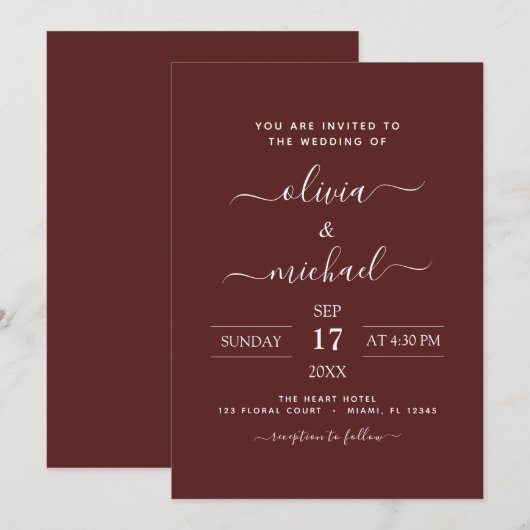 Burgundy Romantic Wedding Modern Typografie Kaart (Voorkant / Achterkant)