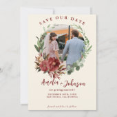 Burgundy rood aquarel bloem bruiloft save the date (Achterkant)