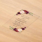 Burgundy Rood Bloem Chic Budget QR Code Huwelijk Acryl Uitnodigingen (Laagn)
