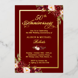Burgundy Rood Bloemend 50ste Hochzeitstaart Gouddk Folie Uitnodiging