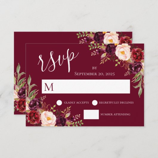 Burgundy Rood Bloemendecoratie Handgeschreven Trou Kaart (Voorkant / Achterkant)