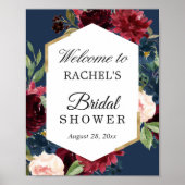Burgundy Rood Blush Blauw Bloem Bruids Shower Bord Poster (Voorkant)