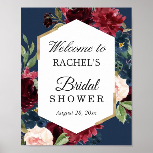 Burgundy Rood Blush Blauw Bloem Bruids Shower Bord Poster (Voorkant)
