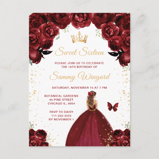 Burgundy Rood Bruin Haar Prinses Sweet Sixteen Briefkaart (Voorkant)