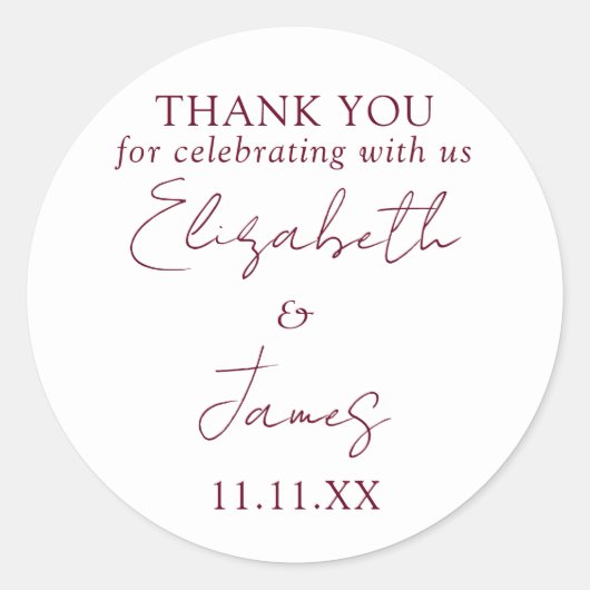 Burgundy Rood Elegant Script Trouw Dank Je Ronde Sticker (Voorkant)